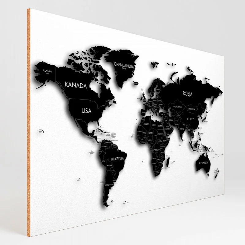 Obraz na korku 10mm - czarno-biała mapa świata - obrazek 1