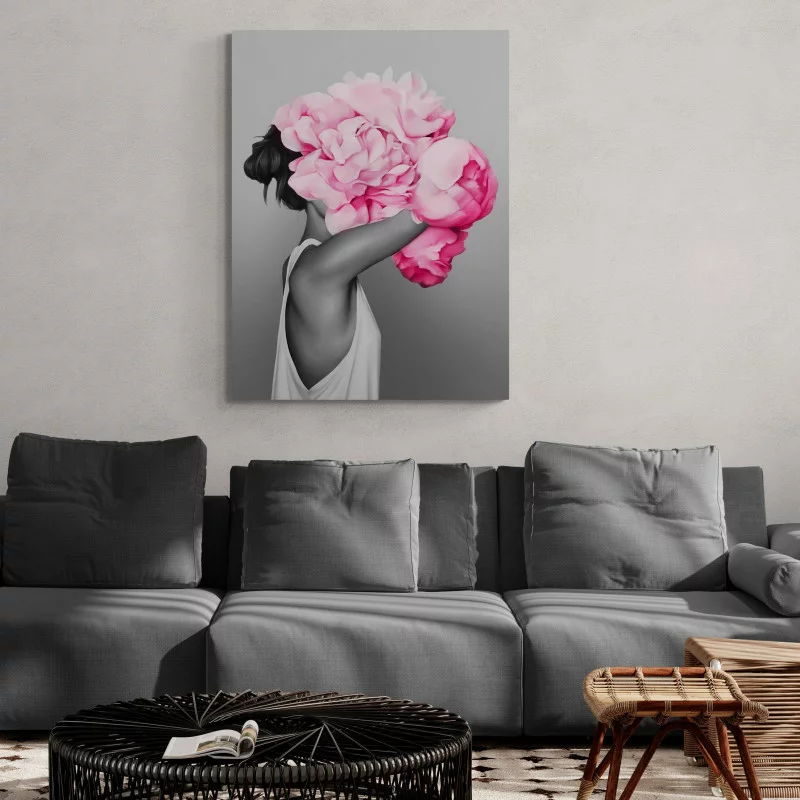 Obraz - dziewczyna z różowymi kwiatami - obrazek 1