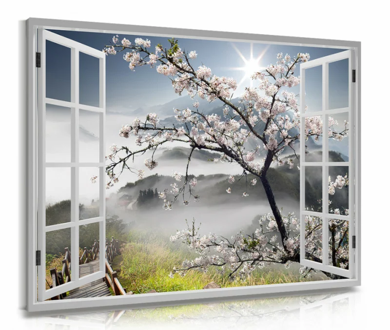 Obraz okno: widok na kwitnącą wiśnię - obrazek 1