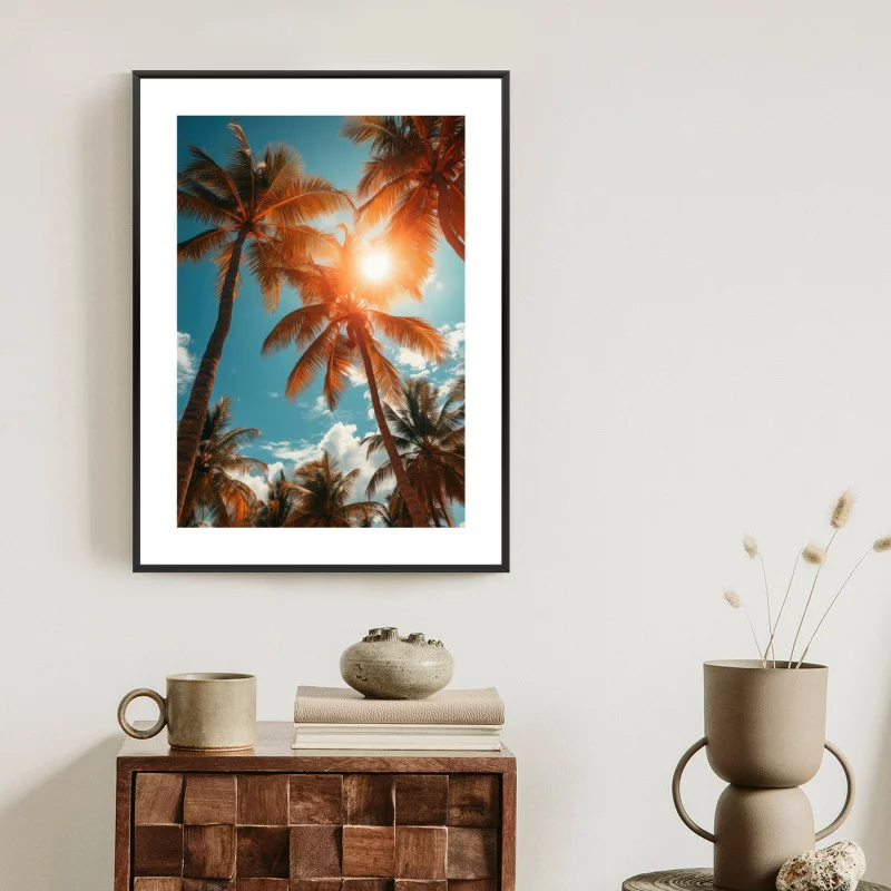 Plakat w ramie - słońce przebijające się przez wysokie palmy - obrazek 1
