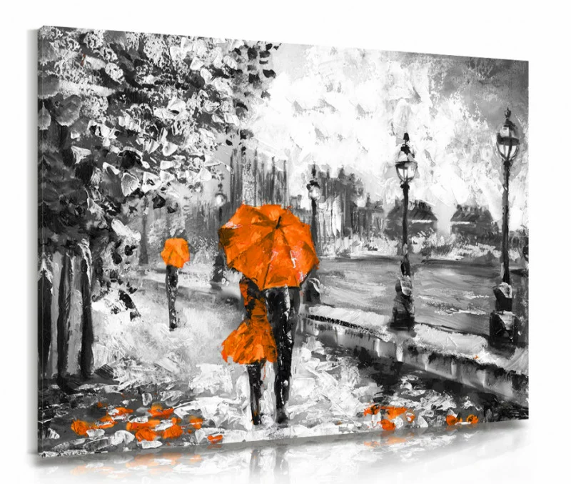 Obraz spacer zakochanych pod pomarańczowym parasolem - obrazek 1