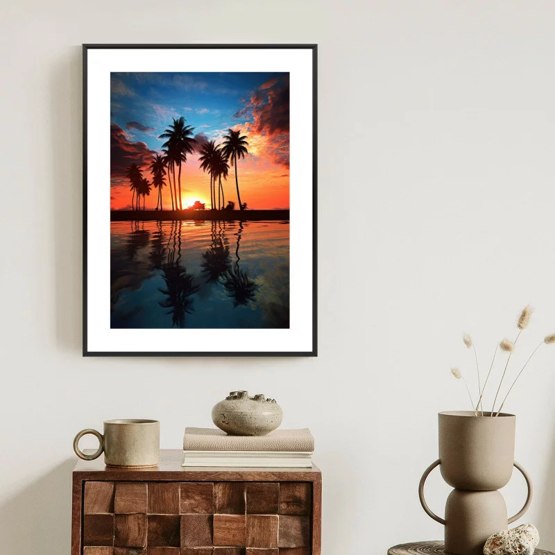 Plakat w ramie - morze i palmy w kolorach pomarańczy i granatu - obrazek 1