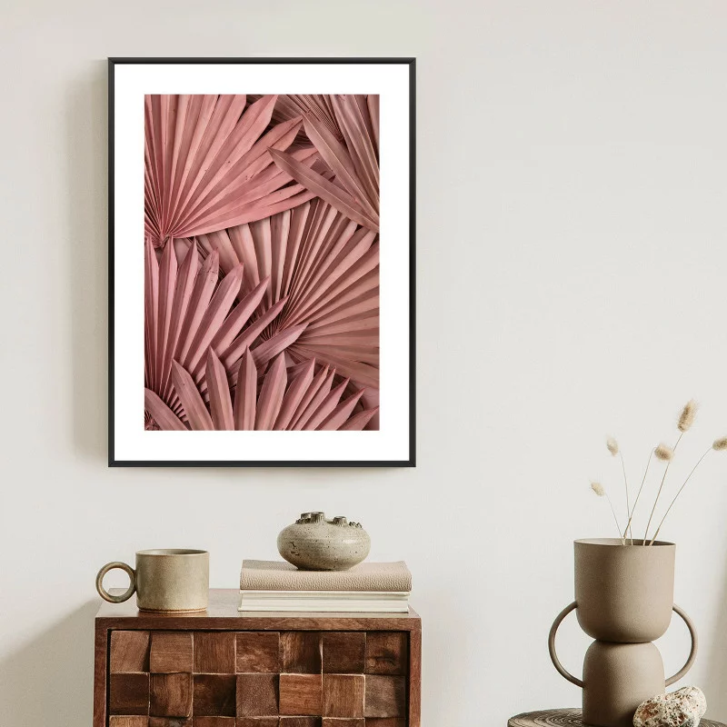 Plakat w ramie - różowe palmowe liście w stylu boho - obrazek 1