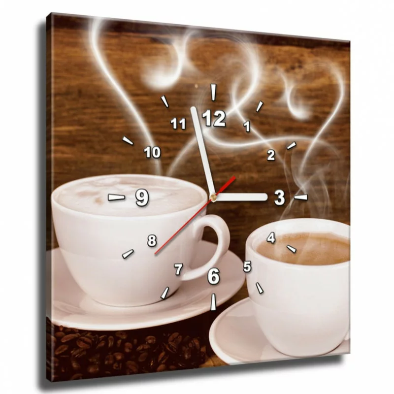 Obraz kwadratowy z zegarem - gorąca kawa - obrazek 1