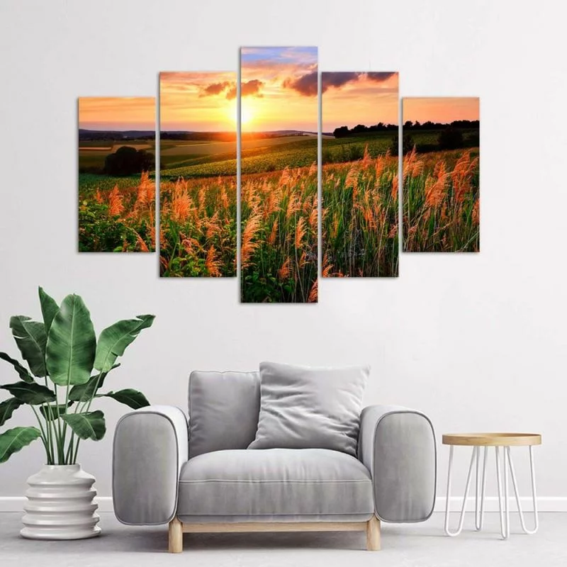 Obraz pięcioczęściowy Deco Panel, Zachód słońca nad łąką - obrazek 1