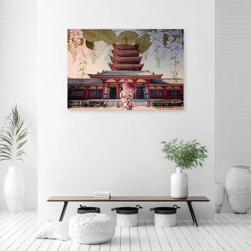 Obraz na płótnie, Japońska Gejsza i świątynia - obrazek 1
