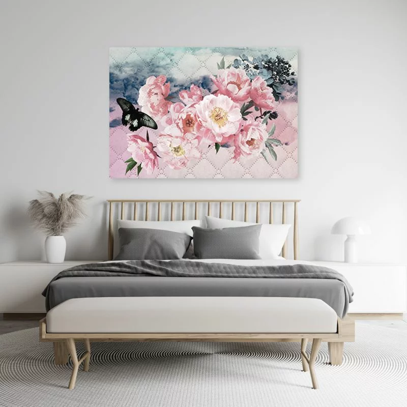 Obraz Deco Panel, Różowe kwiaty i czarny motyl - obrazek 1