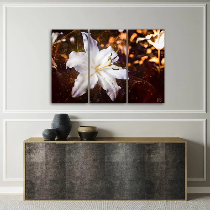 Obraz trzyczęściowy Deco Panel, Biała lilia na brązowym tle - obrazek 1
