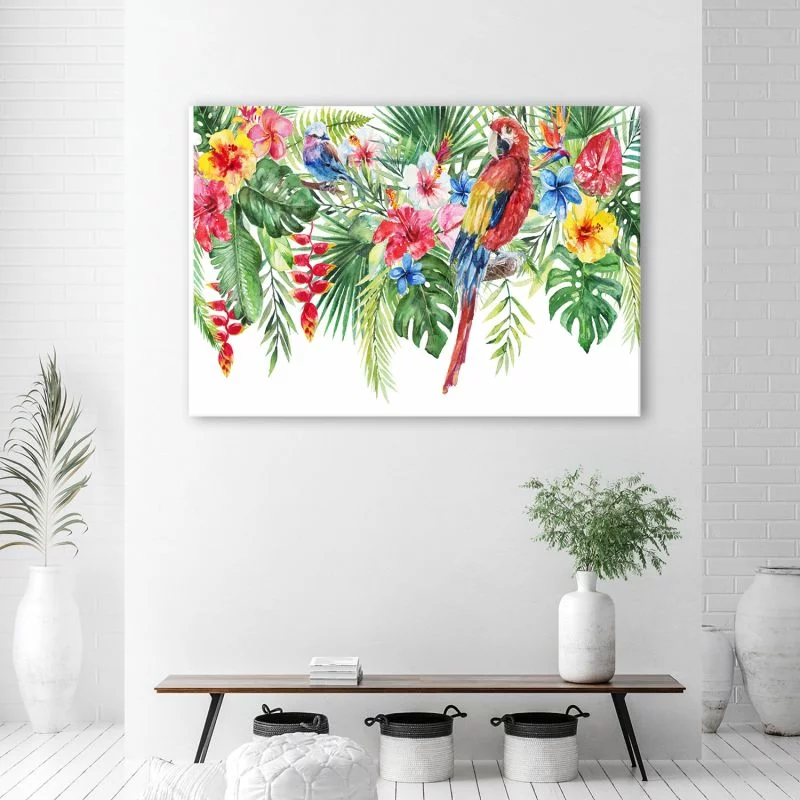 Obraz Deco Panel, Liście kwiaty papuga tropikalne - obrazek 1