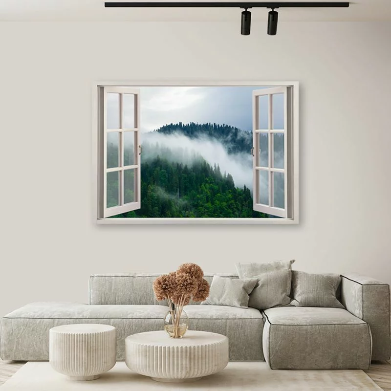 Obraz na płótnie, Las we mgle widok z okna - obrazek 1