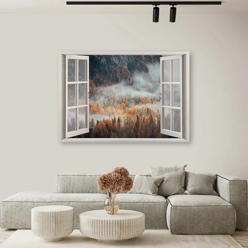 Obraz Deco Panel, Okno jesienna mgła w górach - obrazek 1