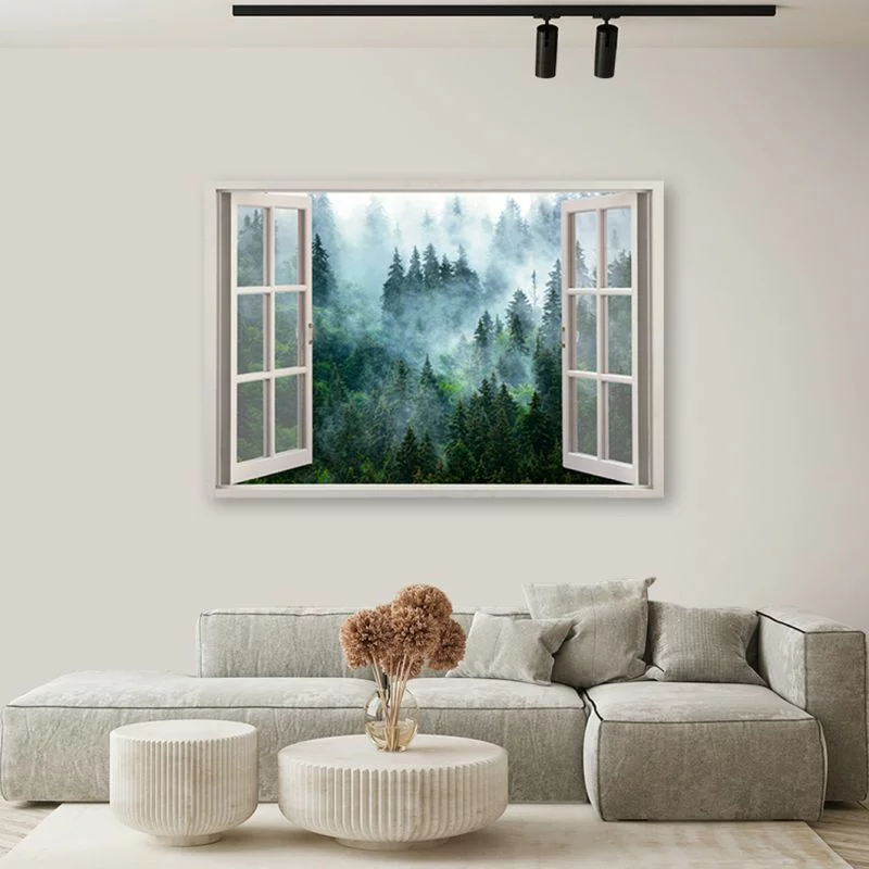 Obraz na płótnie, Okno Zielony las we mgle natura - obrazek 1