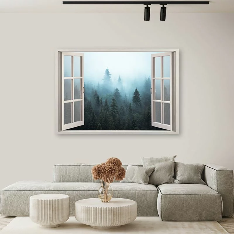 Obraz na płótnie, Okno widok Las we mgle natura - obrazek 1
