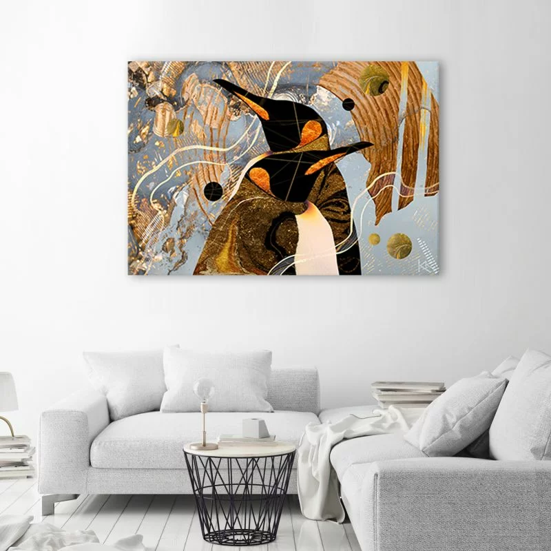 Obraz Deco Panel, Złote Pingwiny Zwierzęta Abstrakcja - obrazek 1