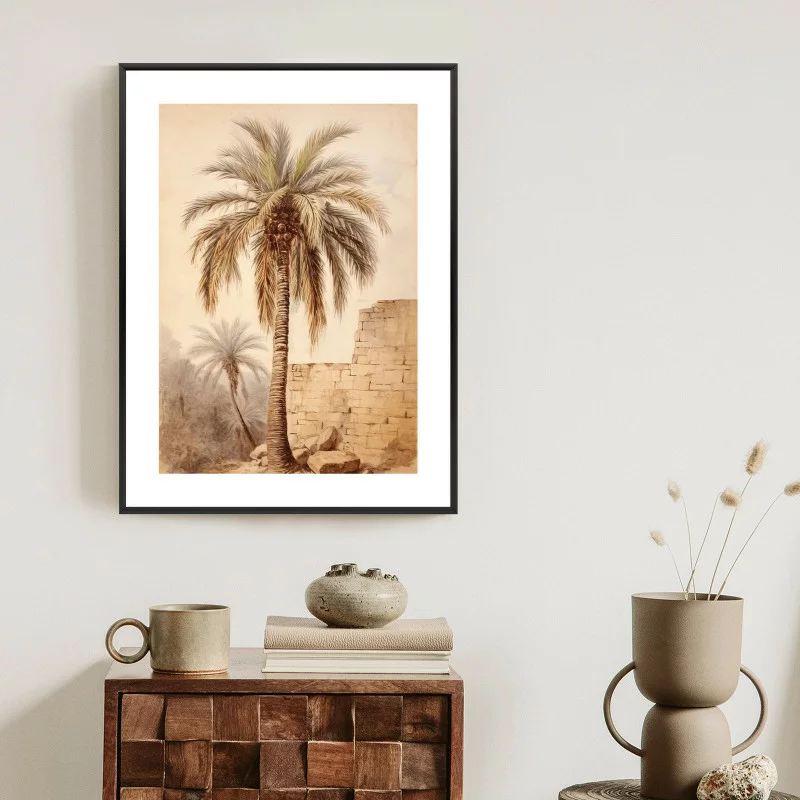Plakat w ramie - ilustracja palmy przy starym murze - obrazek 1