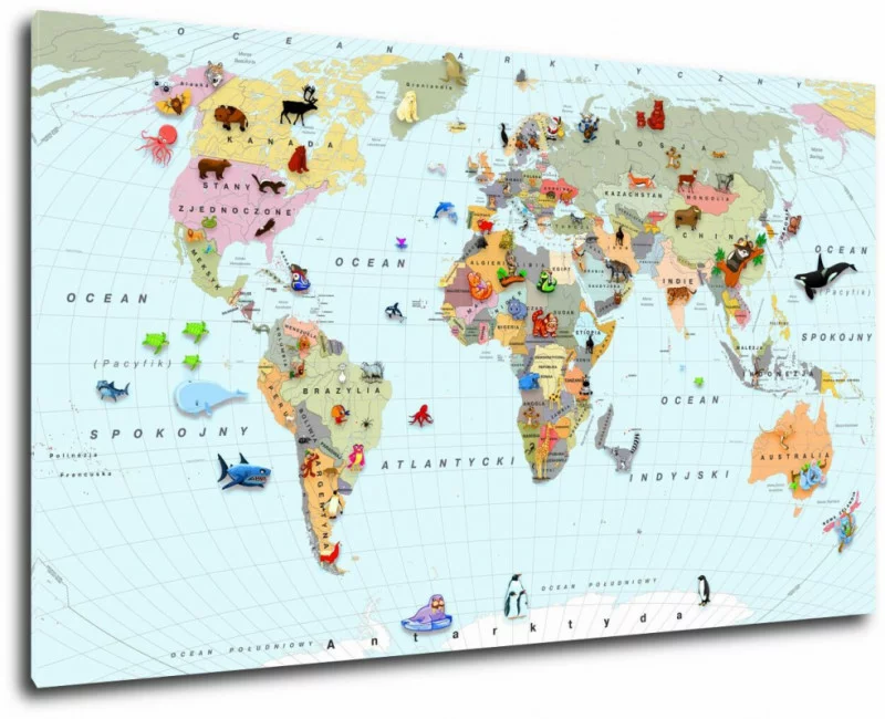Obraz kolorowa mapa świata dla dzieci po polsku - obrazek 1