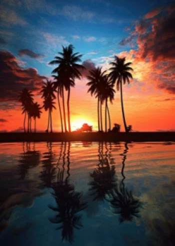 Plakat w ramie - morze i palmy w kolorach pomarańczy i granatu - obrazek 2
