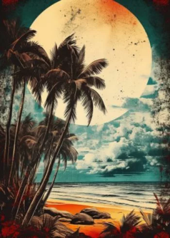 Plakat w ramie - tropikalna plaża słońce i palmy vintage - obrazek 2