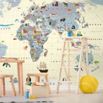 Fototapeta dla dzieci - mapa świata i zwierzęta