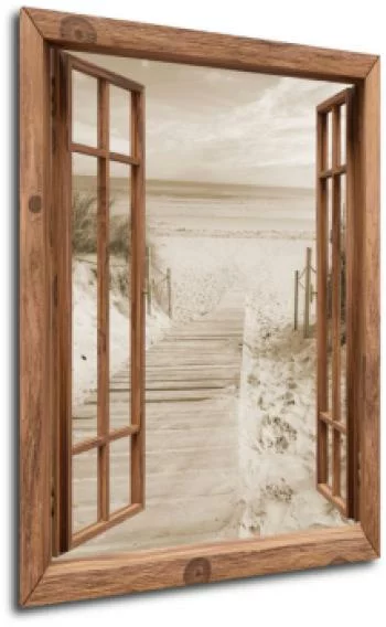 Obraz pionowy okno - plaża w sepii