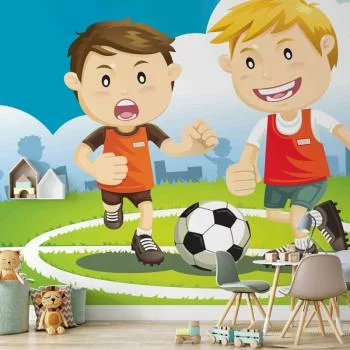 Fototapeta wodoodporna - Piłkarze - chłopcy grający w piłkę nożną na zielonym boisku dla dzieci