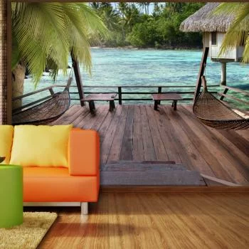 Fototapeta wodoodporna - Tropikalny pejzaż - turkusowa woda z palmami i drewnianymi domkami