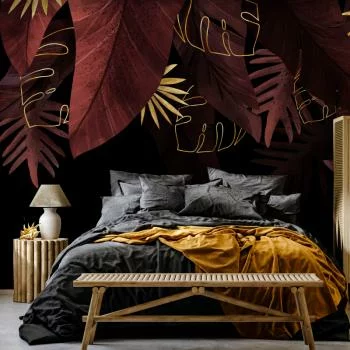 Fototapeta wodoodporna - Dżungla i kompozycja - motyw czerwonych i złotych liści na czarnym tle