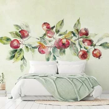 Fototapeta wodoodporna - Gałąź jabłoni - delikatny pejzaż z rośliną i jabłkami na białym tle