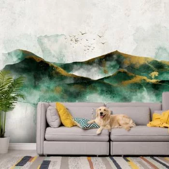Fototapeta wodoodporna - Abstrakcyjny krajzielone góry ze złotymi deseniami i ptakami