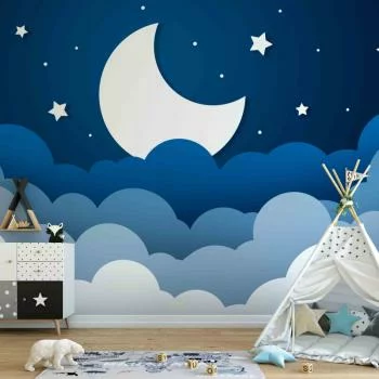 Fototapeta wodoodporna - Księżycowy sen - chmury na granatowym niebie z gwiazdami dla dzieci