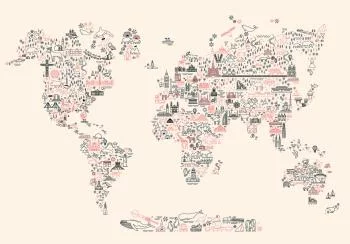 Fototapeta - Mapa z ikon - rysunkowe przedstawienie świata w pastelowych kolorach
