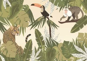 Fototapeta - Liście i kształty - dżungla w wyblakłej kolorystyce ze zwierzątkami