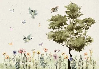 Fototapeta - Wiosenna łąka - polana z kwiatami malowana akwarelą