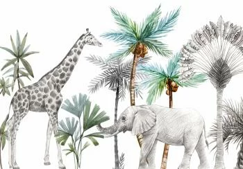 Fototapeta - Zwierzęta dżungla tapeta do pokoju dziecięcego w rysunkowym stylu