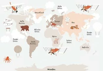 Fototapeta - Mapa w odcieniach beżu - kontynenty ze zwierzętami
