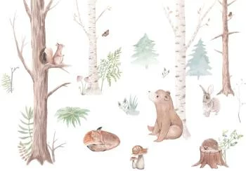 Fototapeta - Subtelna ilustracja ze zwierzętami leśnymi