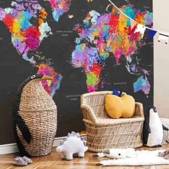Fototapeta wodoodporna - Mapa świata - kolorowe kontynenty z nazwami po angielsku na szarym tle