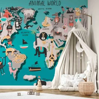 Fototapeta wodoodporna - Lekcja geografii dla dzieci - kolorowa mapa świata ze zwierzątkami