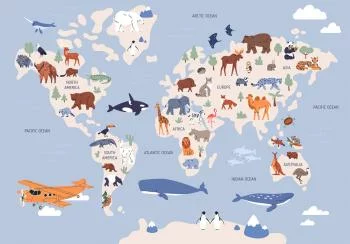 Fototapeta - Mapa świata z ilustracjami zwierząt