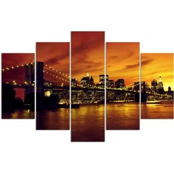 Obraz pięcioczęściowy na płótnie, Brooklyn Bridge i Manhattan o zachodzie słońca - obrazek 3