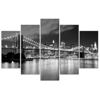 Obraz pięcioczęściowy na płótnie, Brooklyn Bridge nocą czarno-biały - obrazek 3
