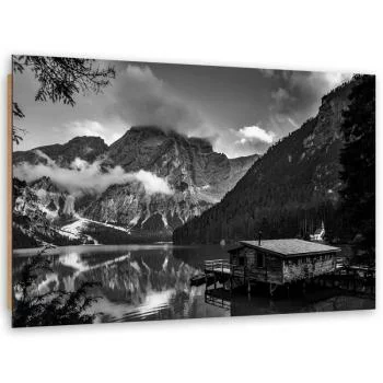 Obraz Deco Panel, Domek nad górskim jeziorem - czarno-biały - obrazek 2
