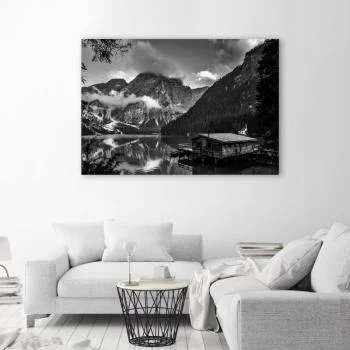 Obraz Deco Panel, Domek nad górskim jeziorem - czarno-biały