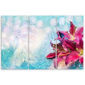 Obraz trzyczęściowy Deco Panel, Różowe kwiaty na niebieskim tle - obrazek 3