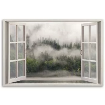 Obraz na płótnie, Okno Las we mgle jezioro - obrazek 3