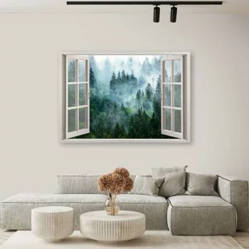 Obraz na płótnie, Okno Zielony las we mgle natura
