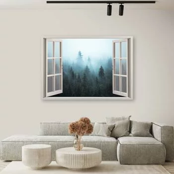Obraz na płótnie, Okno widok Las we mgle natura