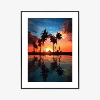 Plakat w ramie - morze i palmy w kolorach pomarańczy i granatu - obrazek 3