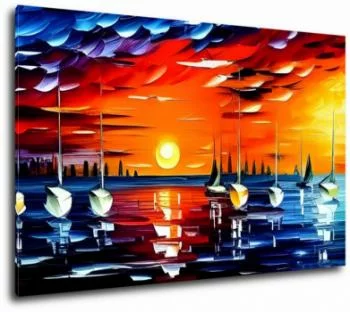 Obraz drukowany - zachód słońca nad jeziorem - łódki - obrazek 2