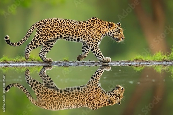 Fototapeta Indian wild male leopard or panther walking with reflection at waterhole during monsoon green season outdoor wildlife safari at jhalana leopard reserve jaipur rajasthan india.generative ai